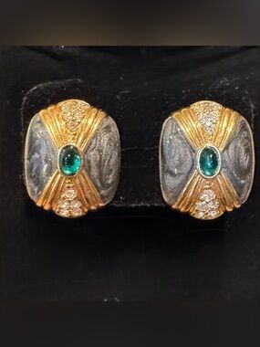 Vintage KJL for Avon Earrings—GoldTone, Gray Enamel, Green Cabochons, & Crystals